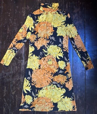 Vestido slinky vintage anos 60 anos 70 LEONARD PARIS jersey seda crisântemo preto floral P - Imagem 1 de 4