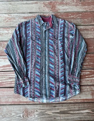 Camisa Bushpopper Western Essentials De Colección Para Hombres L Azul Multi Azteca Con Botones Foto 1 de 4