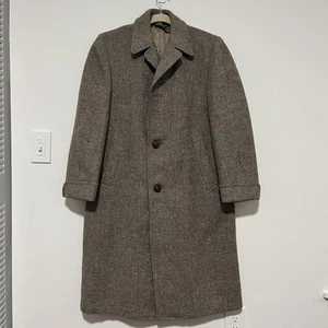 Vintage 60s Harris Tweed Houndstooth Wool Overcoat / Trench Coat Large / XL Beig - Picture 1 of 6