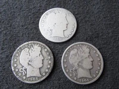 Lot of 3 Barber Silver Half Dollars (1900, 1904 & 1906-D) - Image 1 of 4