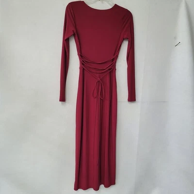 AYM Maxi Dress Taylor Small Wine Red Lace Up Back Long Sleeve V Neck Stretch - Image 1 of 4