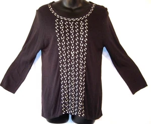 Lucky Brand Womens Embroidered Linen Top XS Black White 3/4 Sleeve $50 - Picture 1 of 5