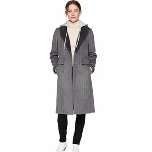 Kendall + Kylie  Hooded 3 Button  Gray with White Pinstripes Trench Coat NWT MED - Picture 1 of 15