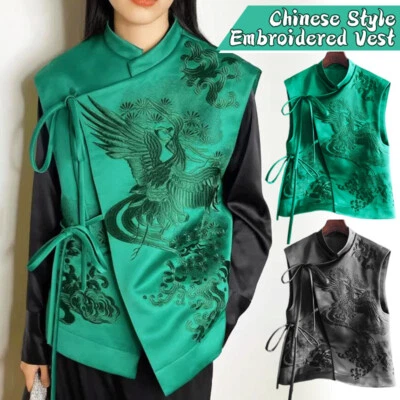 White Stork Embroidery Lace Chinese Vest Jacket Outerwear Sleeveless Green/Black - Image 1 of 4