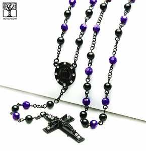 Men's Royal Indigo Bead Guadalupe & Jesus Cross 28" Rosary Necklace HR 600 BKKBL - Picture 1 of 3