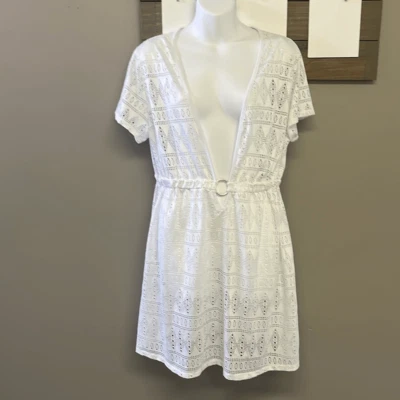 Tropical Escape Blanco Ojales Natación Sumergible Cuello en V Encubrimiento con Mangas de Camisa - 1X Foto 1 de 4