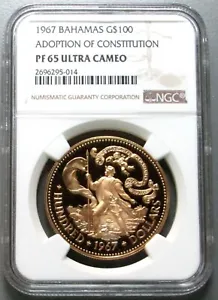 1967 GOLD BAHAMAS 850 MINTED $100 NGC PROOF 65 ULTRA CAMEO CONSTITUTION  - Picture 1 of 2