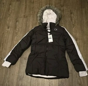Calvin Klein Girl's Long Hooded Puffer Jacket Fleece Lined Faux Fur Size 16 - Picture 1 of 7