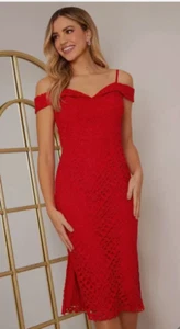 Chi Chi Red Lace Bardot Dress Size 10 RRP £100 Party Cocktail Occasion - Picture 1 of 11