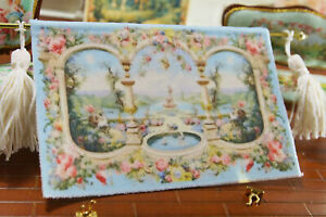 1:12 Beautiful Light Blue Roses Frame Lake Miniature Aubusson Tapestry