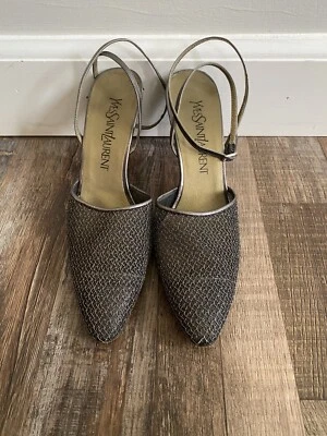 Authentic Yves Saint Laurent Metallic Leather Mesh Cage Ankle Wrap Heels Sz 7M - Image 1 of 4