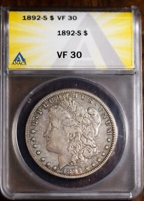 1892-S $1 Silver Morgan Dollar VF 30 ANACS # 7492241 Surprisingly Attrac + Bonus - Image 1 of 2