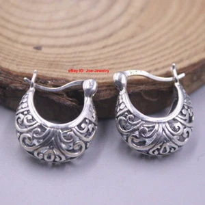 Solid 925 Sterling Silver Half-Moon Hoop Earrings Ethnic Style 18mm Dia. Hoop - Picture 1 of 5