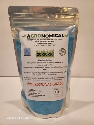 AGRONOMICAL 20-20-20 Water Soluble BLUE FERTILIZER  with Micronutrients 1 POUND! - Image 1 of 3