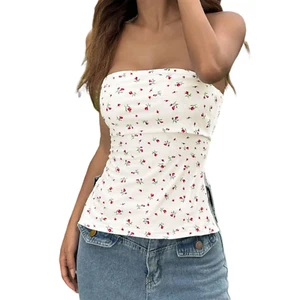 Womens Off Shoulder Ruffle Crop Top Floral Strapless Tube Summer Blouse - Bild 1 von 12