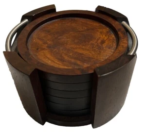 Vintage Natural Wood Coaster Set of Six with Holder MCM - Picture 1 of 4