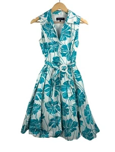 VTG Jones New York Rockabilly Hawaiian floral midi dress blue sz 8P - Picture 1 of 10