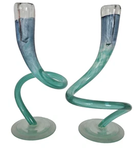 2-Michael Hudson Hand Blown Art Glass Twisted Candlesticks 11" Aqua Interlocking - Picture 1 of 8