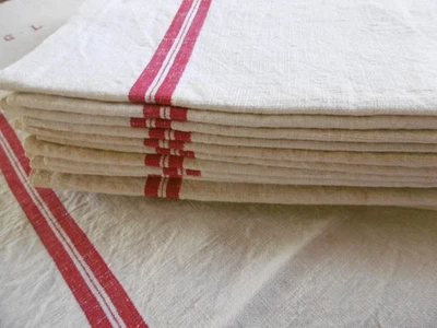8 torchons  lin à liteaux rouges chiffrés G.L. - Photo 1/4