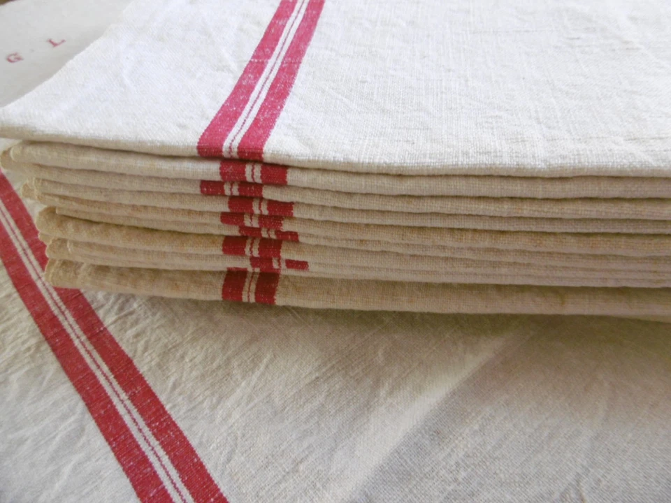 8 torchons  lin à liteaux rouges chiffrés G.L. - Photo 1/4