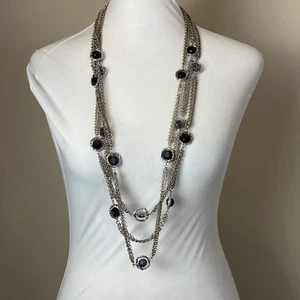 Chico's Long Iridescent Purple Glass Cut Beaded Three Strand Necklace - Picture 1 of 9