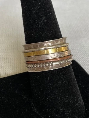 925 hammered Sterling Silver spinner ring bronze brass silver Size 8 modernist - Image 1 of 4