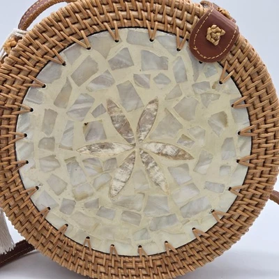 Shell Inlaid Purse Hand Woven Round Rattan Straw Bohemiam Crossbody Strap Tassel - Image 1 of 4