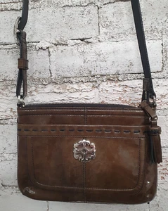 Brighton Olive Green Patent Leather Crossbody Bag Purse Adjustable Strap Tassel - Picture 1 of 23