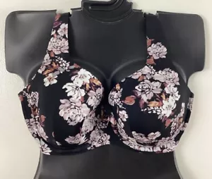 Catherines Smooth Nylon Plunge Underwire Plus Bra Mesh Sides BLACK FLORAL NWOT - Picture 1 of 9