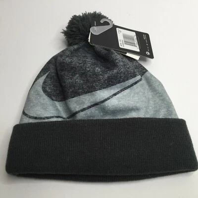 Nike Youth Boys One Size Black Gray Beanie Hat Winter Pom Pom With Tags  - Image 1 of 3