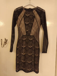 Topshop Black Lace Beige Lined Long Sleeve Short Bodycon Dress in Size 6 - 8