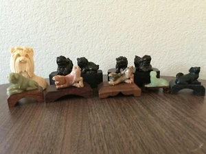 Vintage Stone Marble Jade Foo & Regular Dog Figurines Rare w/Platforms 10 PIECES - Picture 1 of 10