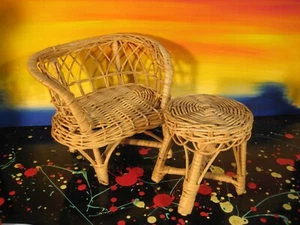 Miniature Wicker Doll Chair and Footstool - Picture 1 of 5