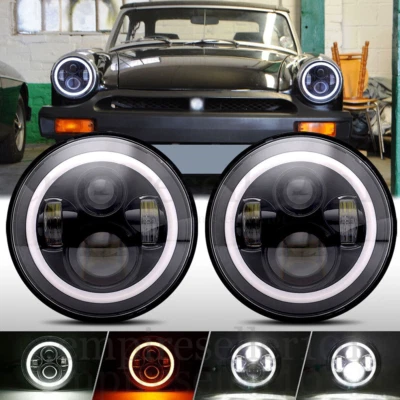 Pair 7" Round LED Halo Headlights Turn Signal for MG MGB 1969-1980 Midget 70-79 - Image 1 of 4