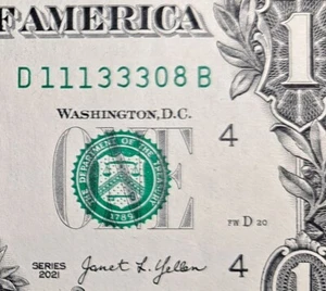 Fancy Serial Number $1 Bill Series 2021 ~11133308~ ((Dos viajes consecutivos)) UNC - Imagen 1 de 3