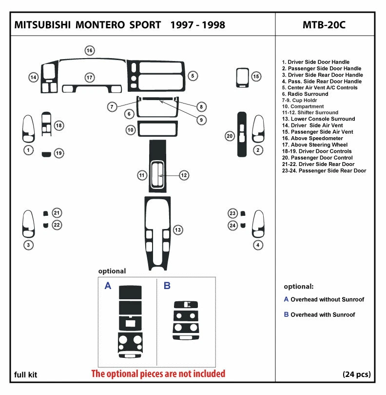 Juego de molduras de tablero de fibra de carbono interior para Mitsubishi Montero Sport 1997-1998 Foto 1 de 1