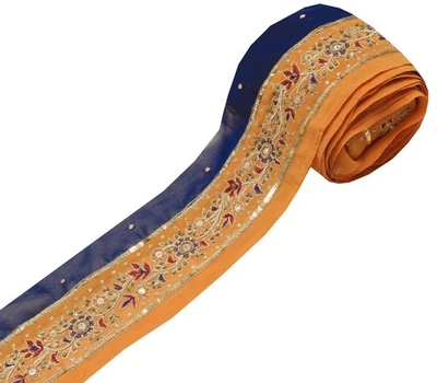 Sushila Vintage Mustard Saree Border Indian Craft Sewing Trim Hand Beaded Lace - Image 1 of 4