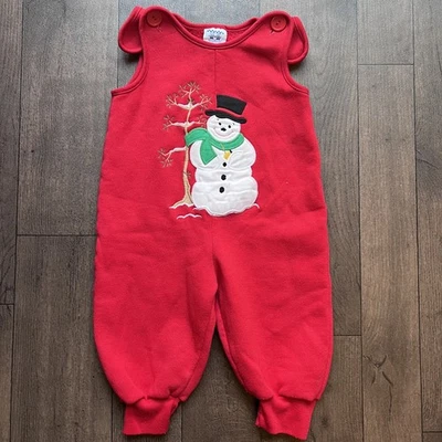 VTG Kelly’s Kids Boys Red Romper Sz 1 Jumpsuit Longall Christmas snowman  - Image 1 of 4