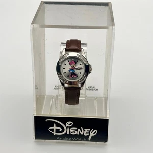 Disney Minnie Mouse Silver Tone Brown Leather Watch Working New Battery - Picture 1 of 8