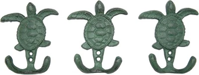 Cast Iron Sea Turtle Wall Hooks, Verdigris Green, Set of 3, Nautical Decor, 4 In - Image 1 of 4