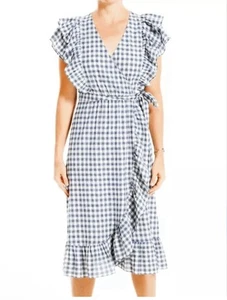 Max Studio Small Faux Wrap Dress tie waist light weight ruffled Blue Gingham - Picture 1 of 4