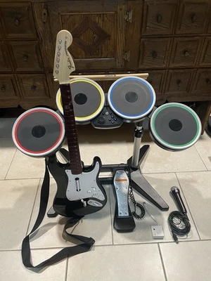 Wii Rock Band 2 Wireless Drum Set + Dongle + Guitar + Mic -Bundle Tested! Read* - Image 1 of 4