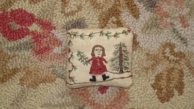 Primitive tiny Sampler Pillow~Girl Holds Her Christmas Tree~Early Quilt~Folk Art - Image 1 of 4