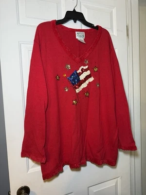 Quacker Factory Red V Neck Sweater Sequined Flag & Stars 3X Plus Beads Patriotic - Image 1 of 4