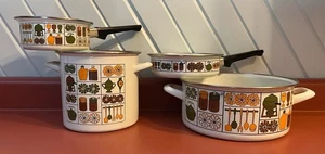 Juego de utensilios de cocina esmaltados vintage años 70 - Diseño gráfico floral retro - Lote de 4 - Imagen 1 de 12