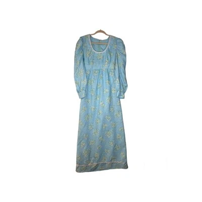 Maxi Vestido Hippie Vintage Hecho a Mano Azul Floral Años 60/70 Cintura Imperio Talla Mediana Foto 1 de 4
