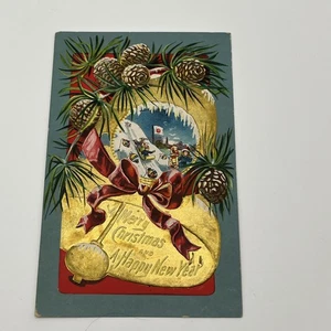 Vintage Postkarte 1908 Frohe Weihnachten Frohes Neues Jahr verschickt Japan Flagge Winter - Bild 1 von 4