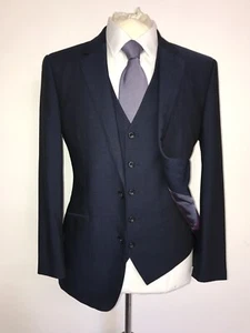 T M LEWIN - Mens 3 Piece BLUE WOOL & MOHAIR SUIT - 38 Short - W32 L29 -NICE SUIT - Picture 1 of 14
