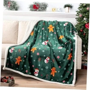 Premium Christmas Sherpa Throw Blanket | 50 x 60 Inches Green Gingerbread - Picture 1 of 8