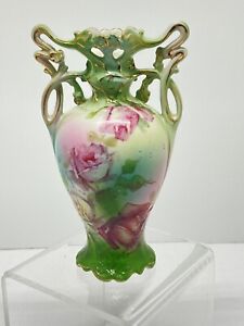 vintage royal bayreuth Vase 6” Green Roses Blue Mark On Bottom